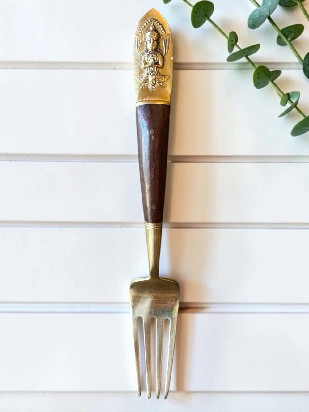 Vintage Siam Thai Brass & Rosewood Buddha Fork Mid Century Flatware
